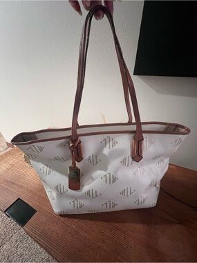 Ralph Lauren White & Tan Canvas Logo Tote Bag